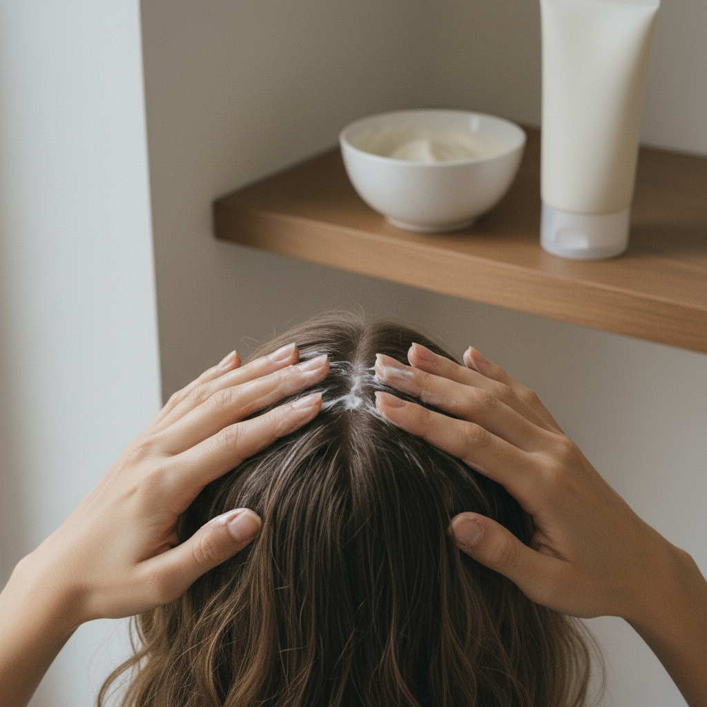Mãos femininas massageando suavemente o couro cabeludo