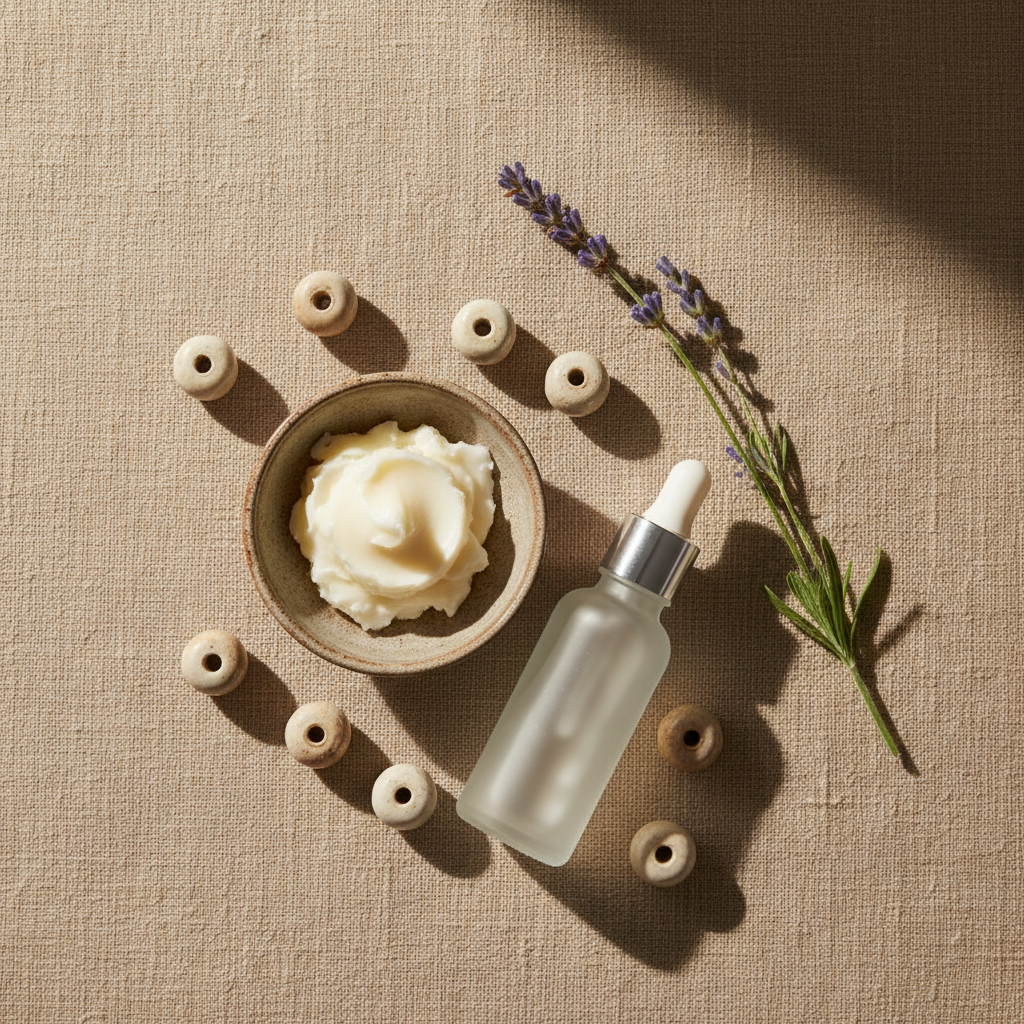 Ingredientes de skincare como manteiga de karité e sérum de ácido hialurônico