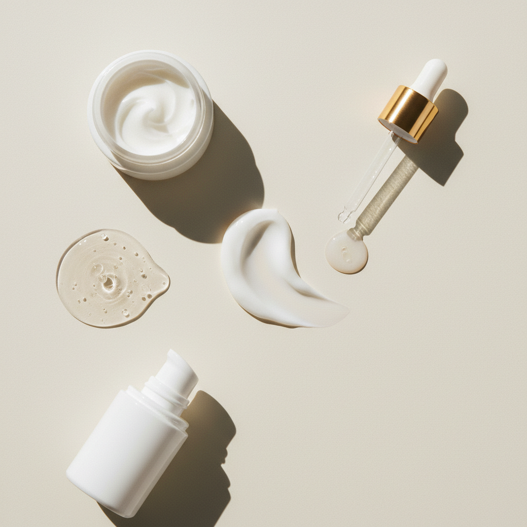 Texturas de diferentes produtos de skincare em uma superfície lisa