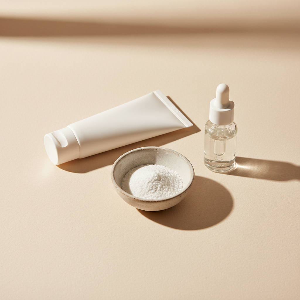Ingredientes de skincare como pó de ácido salicílico e sérum em frasco sem rótulo